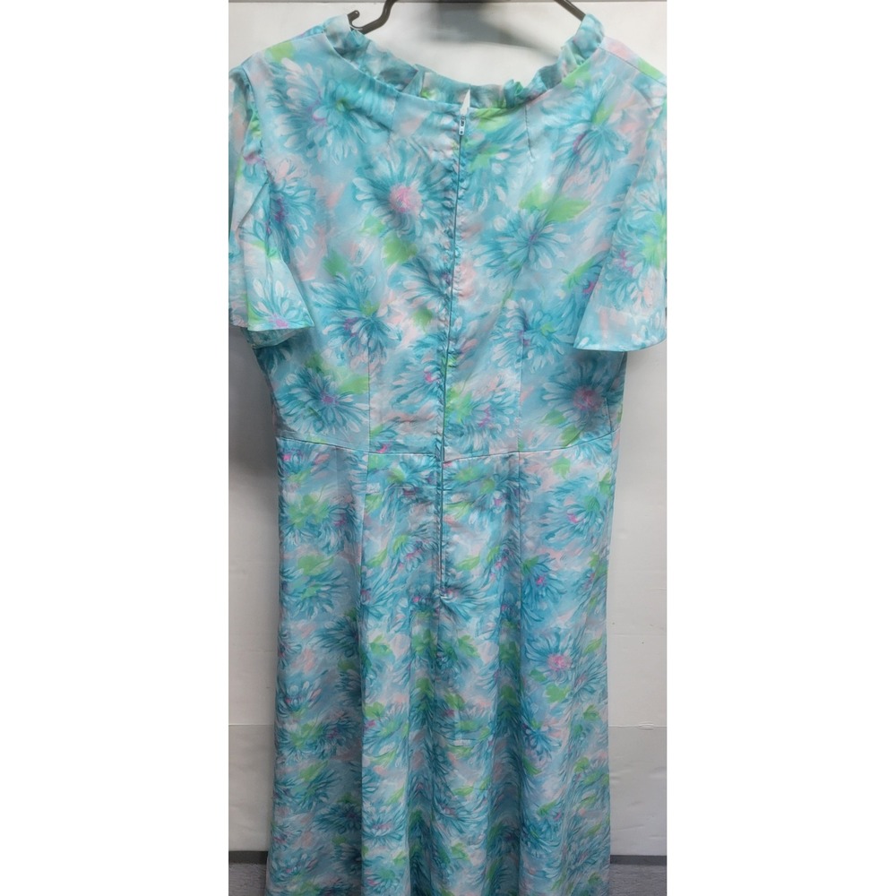 Vintage Watercolor Floral Maxi Dress Turquoise Pink Ruffle Neck Flutter Sleeve
